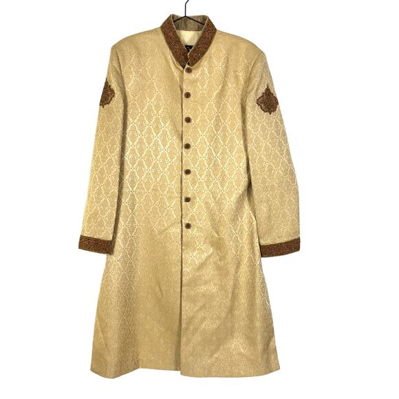 Asian Groom Sherwani Men's Small Gold Brocade Indian Wedding Party Jacket Tunic - Picture 1 of 9